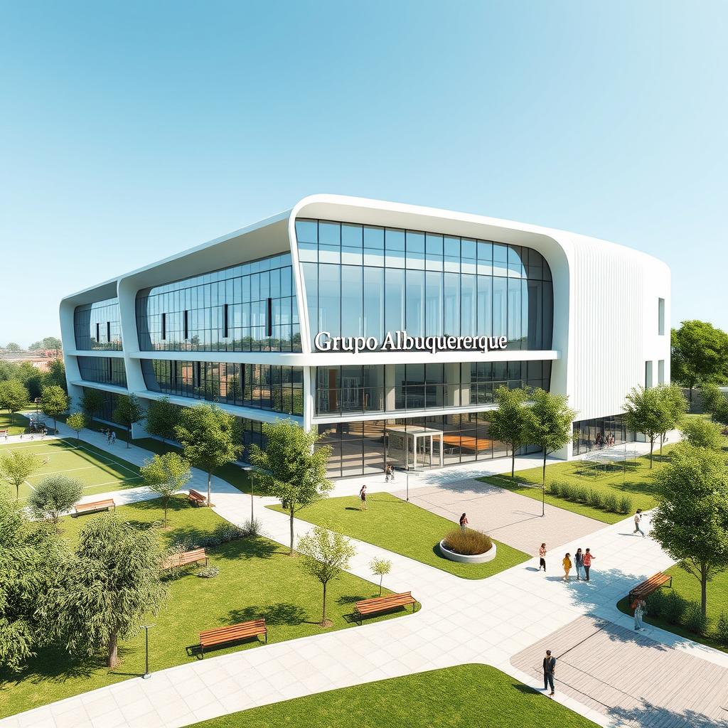A conceptual design of a modern school building named 'Grupo Albuquerque'