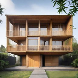 An intricately detailed front view of a minimalistic industrial style house incorporating bamboo materials. The design comprises a stripped-down structure with notable precision in architectural dimensions, boasting raw elements like concrete, steel frames, broad windows, and the natural warmth of strategically placed bamboo.