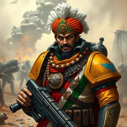 A fierce Indian commissar from the Warhammer 40k universe, adorned in a distinct uniform featuring elements of traditional Indian military attire mixed with futuristic space armor