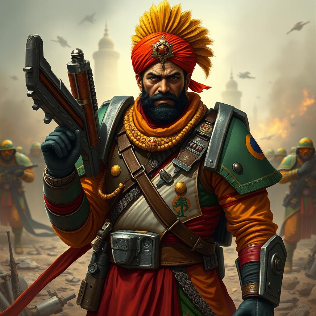 A fierce Indian commissar from the Warhammer 40k universe, adorned in a distinct uniform featuring elements of traditional Indian military attire mixed with futuristic space armor