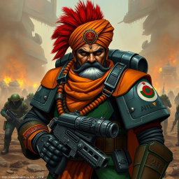 A fierce Indian commissar from the Warhammer 40k universe, adorned in a distinct uniform featuring elements of traditional Indian military attire mixed with futuristic space armor