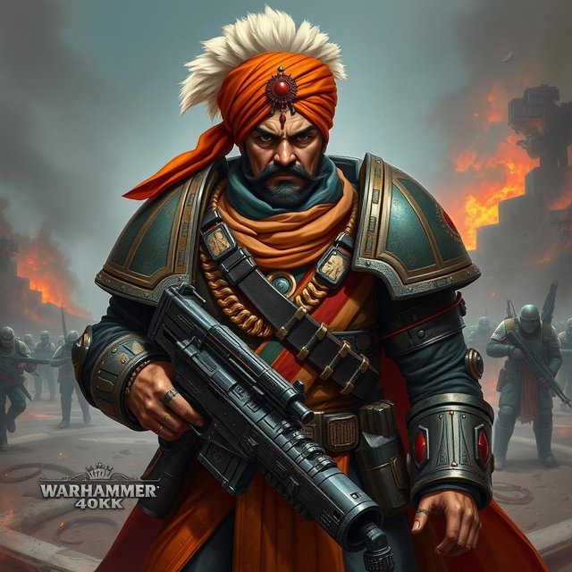 A fierce Indian commissar from the Warhammer 40k universe, adorned in a distinct uniform featuring elements of traditional Indian military attire mixed with futuristic space armor