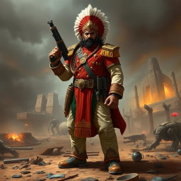 An Indian-themed Warhammer 40k Commissar, dressed in a traditional Indian military uniform fused with elements of futuristic sci-fi
