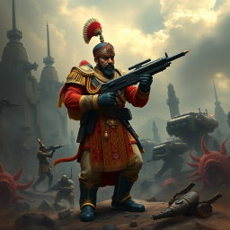 An Indian-themed Warhammer 40k Commissar, dressed in a traditional Indian military uniform fused with elements of futuristic sci-fi
