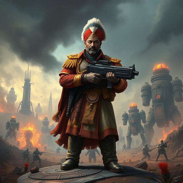 An Indian-themed Warhammer 40k Commissar, dressed in a traditional Indian military uniform fused with elements of futuristic sci-fi
