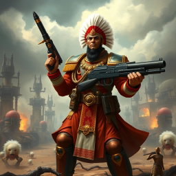 An Indian-themed Warhammer 40k Commissar, dressed in a traditional Indian military uniform fused with elements of futuristic sci-fi