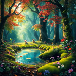 A beautiful, mystical forest scene with vibrant colors, where sunlight filters through the lush green canopy