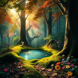 A beautiful, mystical forest scene with vibrant colors, where sunlight filters through the lush green canopy
