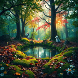 A beautiful, mystical forest scene with vibrant colors, where sunlight filters through the lush green canopy