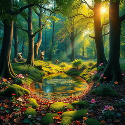 A beautiful, mystical forest scene with vibrant colors, where sunlight filters through the lush green canopy