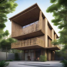 An intricately detailed front view of a minimalistic industrial style house incorporating bamboo materials. The design comprises a stripped-down structure with notable precision in architectural dimensions, boasting raw elements like concrete, steel frames, broad windows, and the natural warmth of strategically placed bamboo.