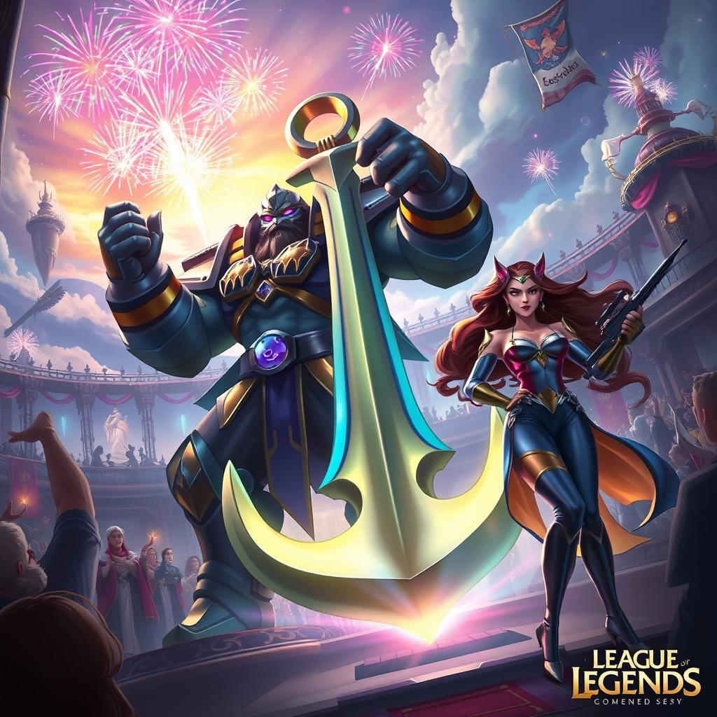 A stunning scene depicting Nautilus and Samira from League of Legends celebrating their victory in a vibrant, fantastical arena