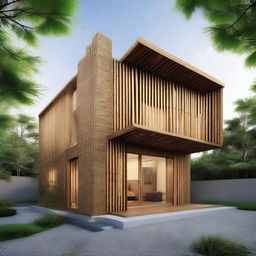 An intricately detailed front view of a minimalistic industrial style house incorporating bamboo materials. The design comprises a stripped-down structure with notable precision in architectural dimensions, boasting raw elements like concrete, steel frames, broad windows, and the natural warmth of strategically placed bamboo.