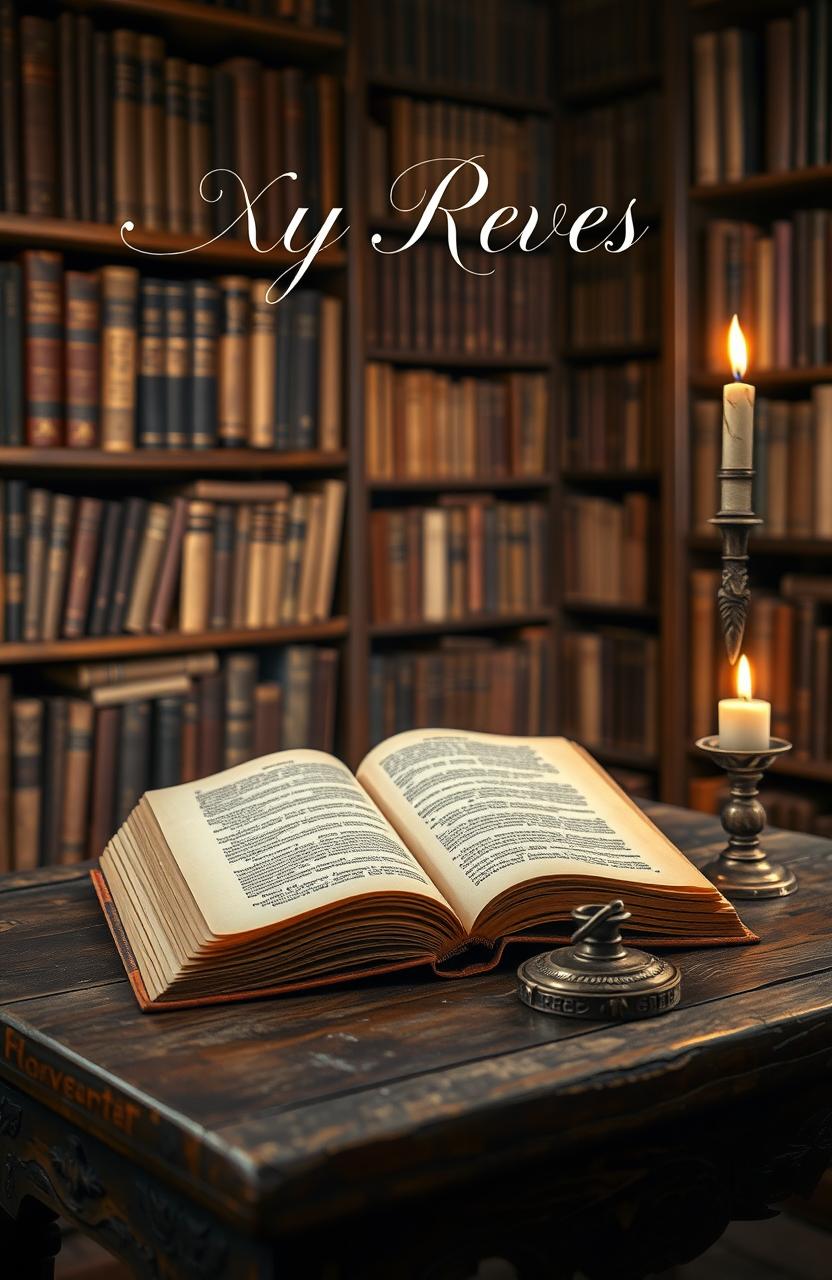 A cozy library background featuring wooden bookshelves filled with old books