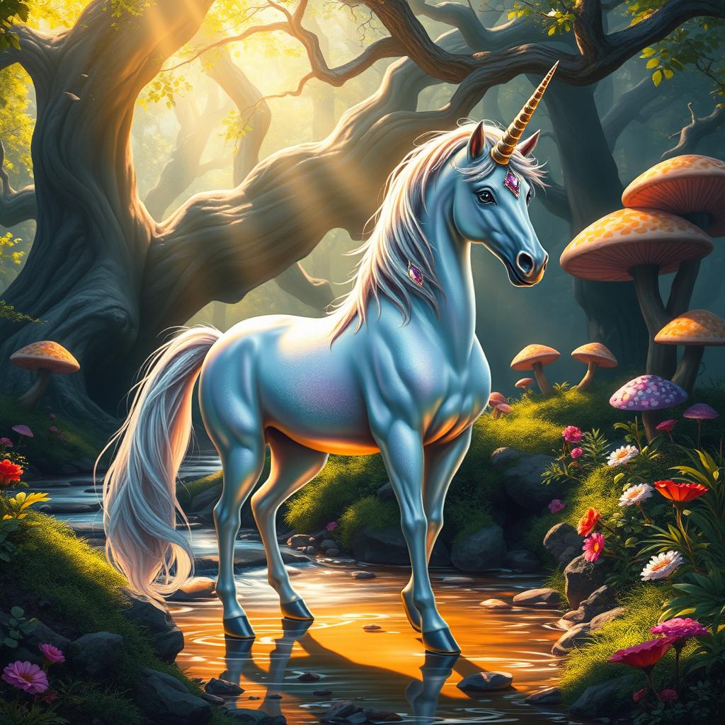 A mystical unicorn standing gracefully in a lush fantasy forest, surrounded by vibrant, enchanted flora