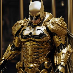 A lavish, gold-plated Batman in a detailed, imposing mecha suit.