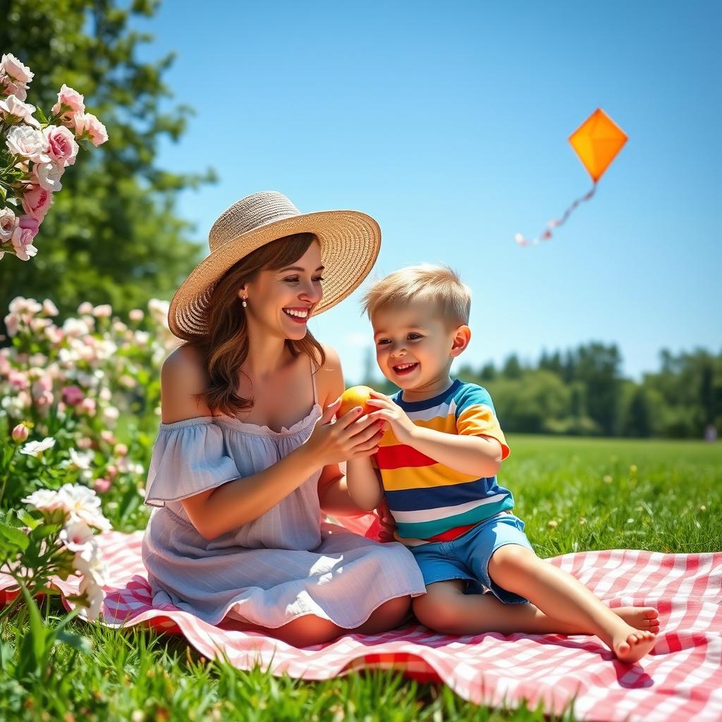 A heartwarming scene of a mother and her son enjoying a sunny day at the park