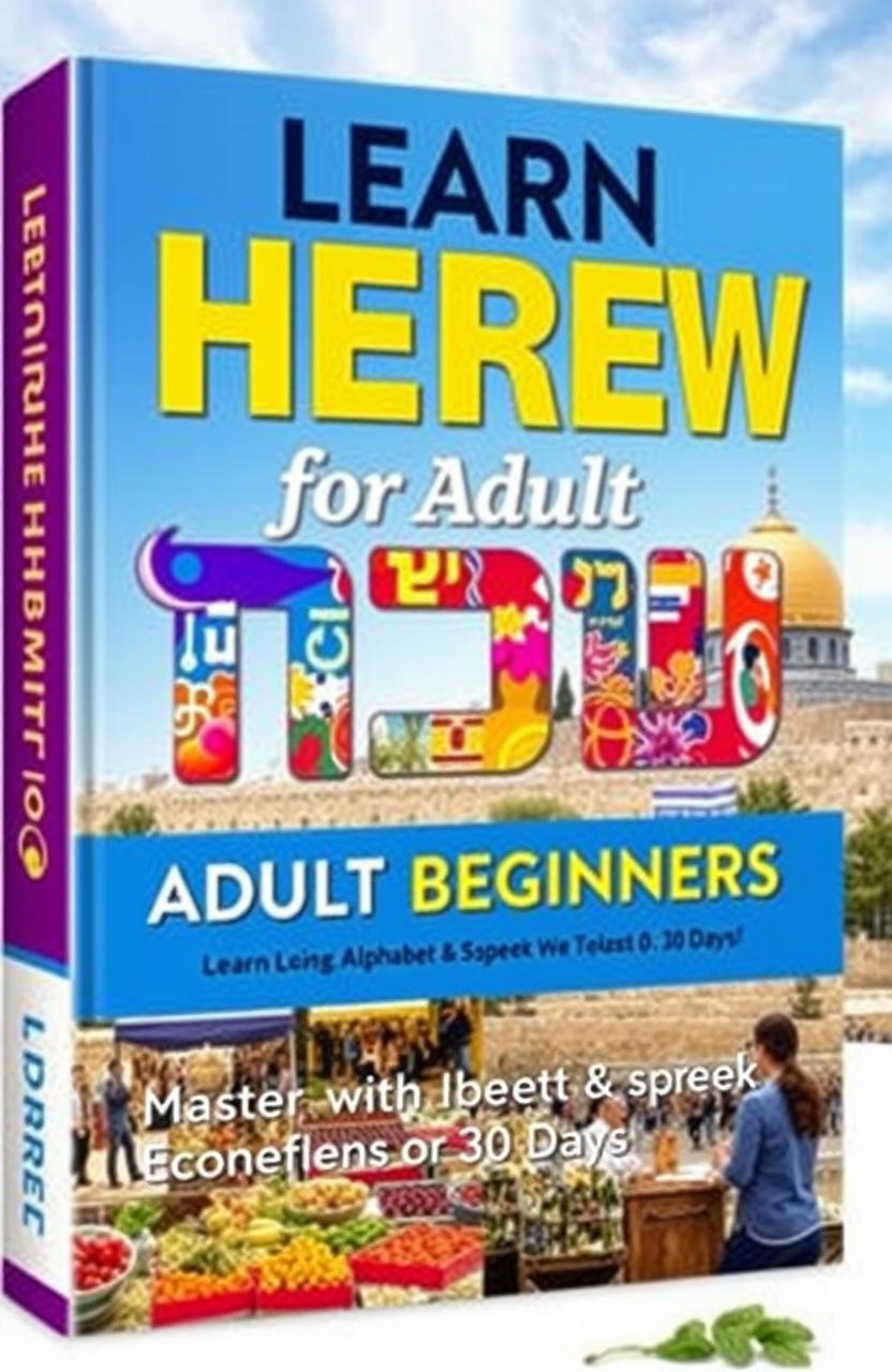 A visually engaging book cover design for an adult Hebrew learning guide titled 'Learn Hebrew for Adult Beginners: Master the Hebrew Alphabet & Speak with Confidence in Just 30 Days!'