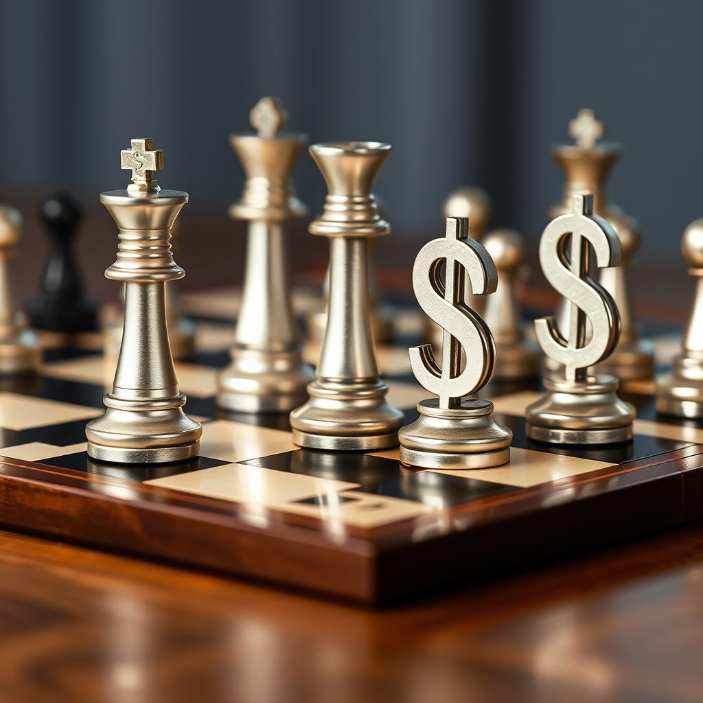 A detailed chessboard featuring chess pieces ingeniously designed in the shape of dollar signs