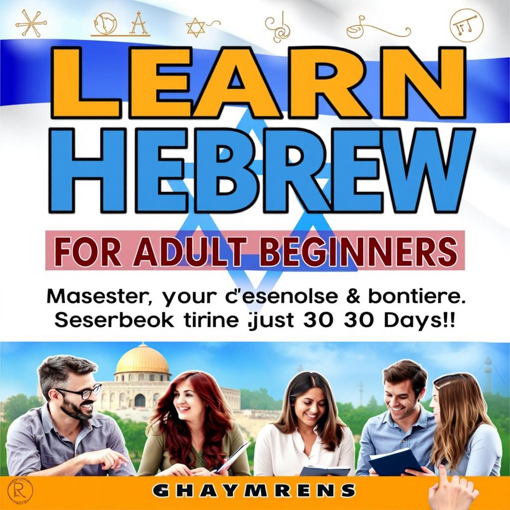 A visually engaging and educational cover for a language learning book titled 'Learn Hebrew for Adult Beginners: Master the Hebrew Alphabet & Speak with Confidence in Just 30 Days!' The background features the vibrant colors of the Israeli flag blending with symbolic elements of Hebrew culture, such as a Star of David and landmarks like the Western Wall