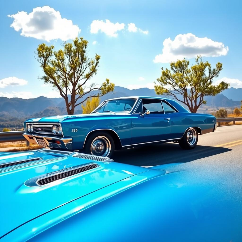 A classic 1966 Chevelle in a striking blue color with chrome accents, parked on a scenic highway with mountains in the background