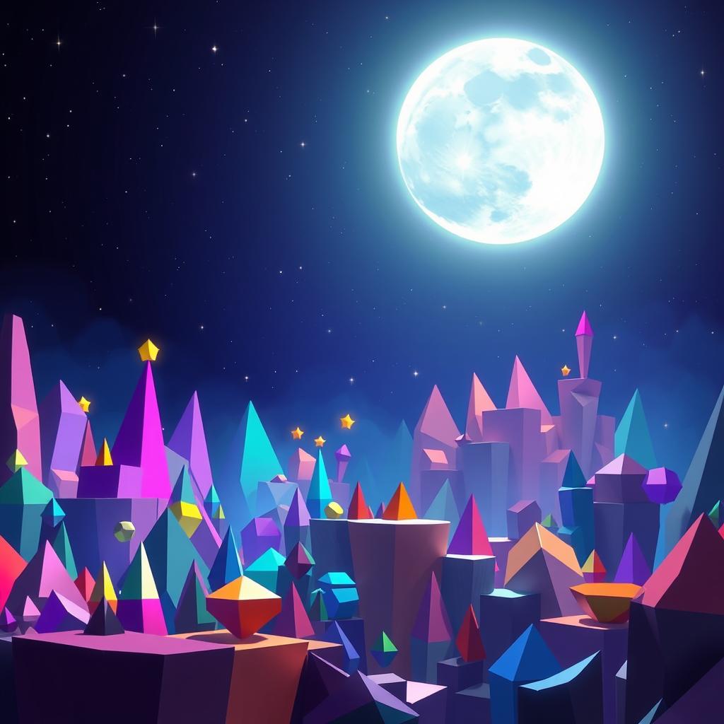 A stunning scene inspired by the game Geometry Dash, set against a luminous moonlit backdrop