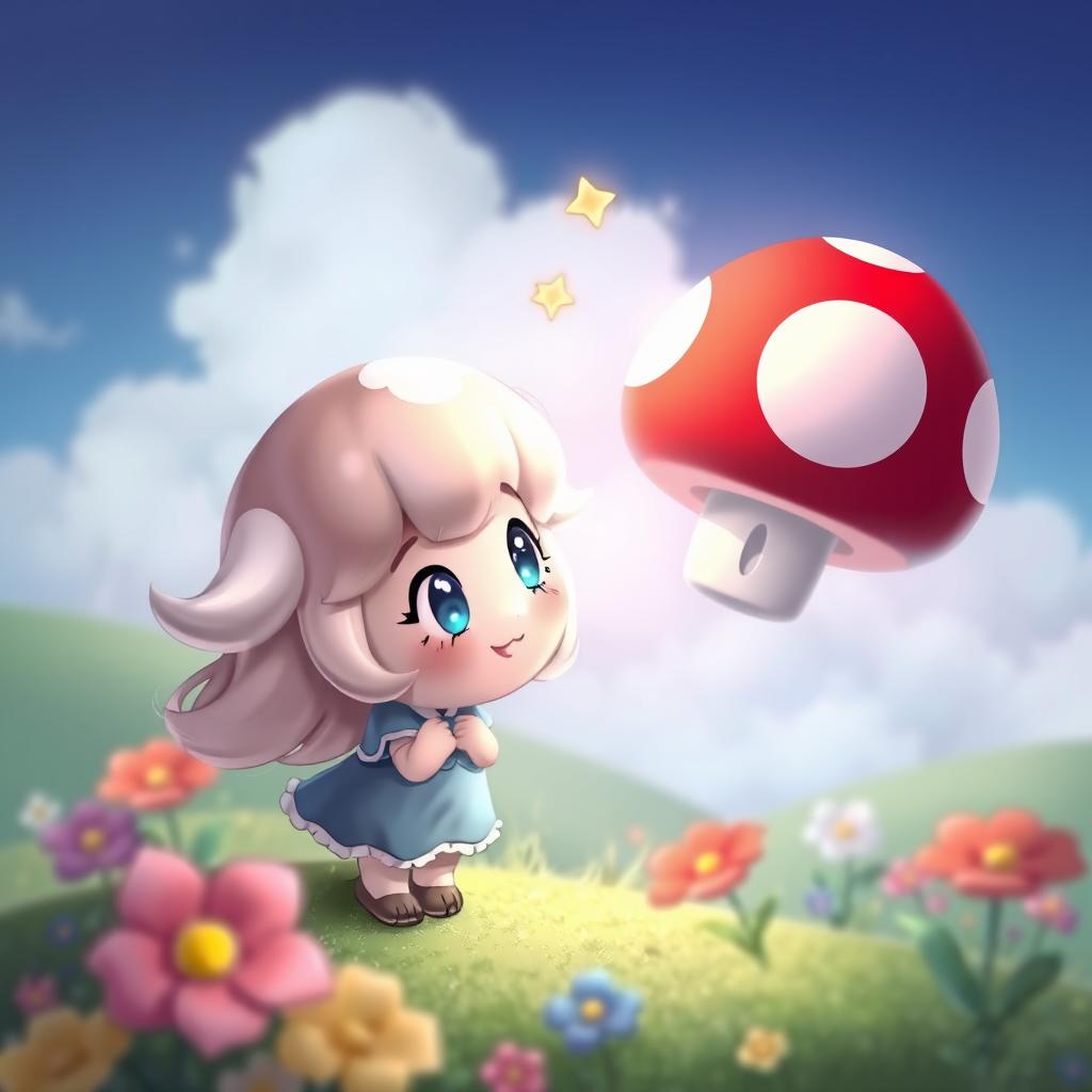 A cute character named Luna gazing dreamily at a classic Mario mushroom, filled with adoration