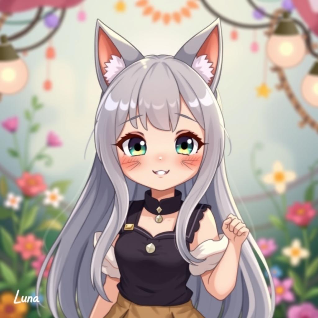 A cute girl named Luna with adorable cat ears, featuring long flowing hair and a playful expression