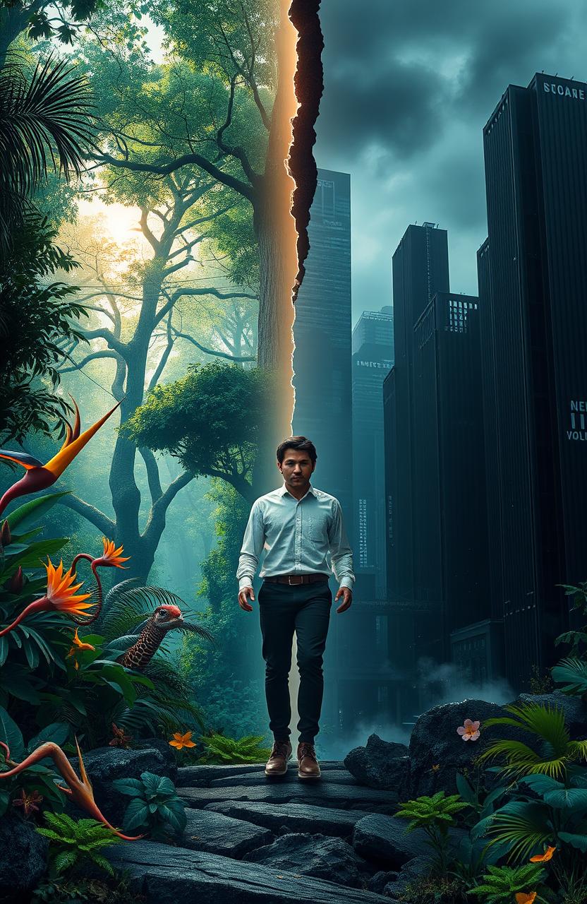 A mesmerizing scene depicting a person trapped between two contrasting worlds