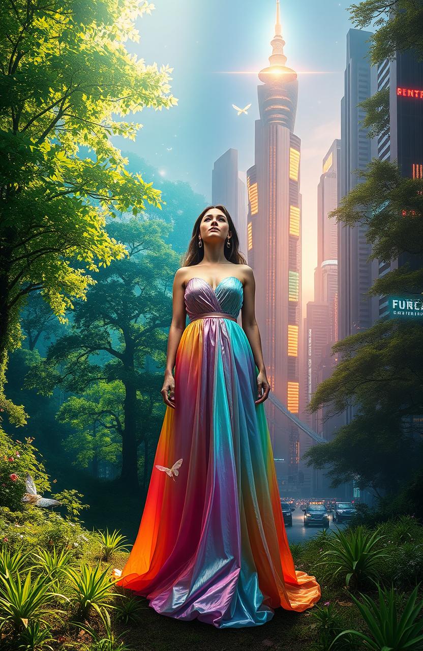 A captivating scene depicting a woman caught between two worlds