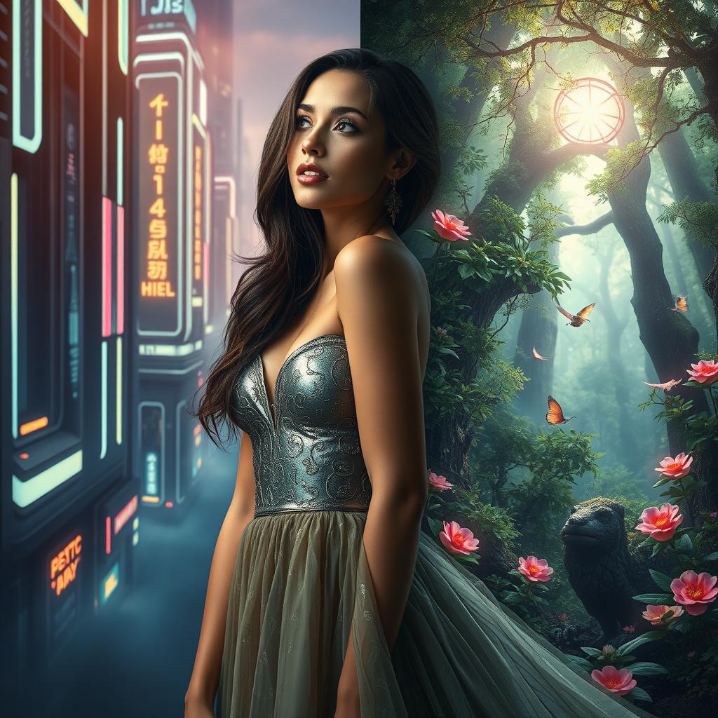 A stunning woman caught between two worlds, one side depicting a futuristic city with neon lights and advanced technology, while the other side reveals a lush, enchanted forest filled with mystical creatures and vibrant flora