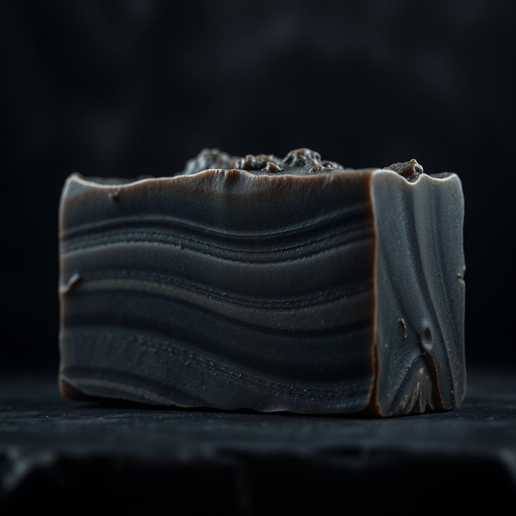 A stunningly detailed macro shot of a luxurious bar of noir (black) soap, showcasing its intricate textures and smooth surfaces