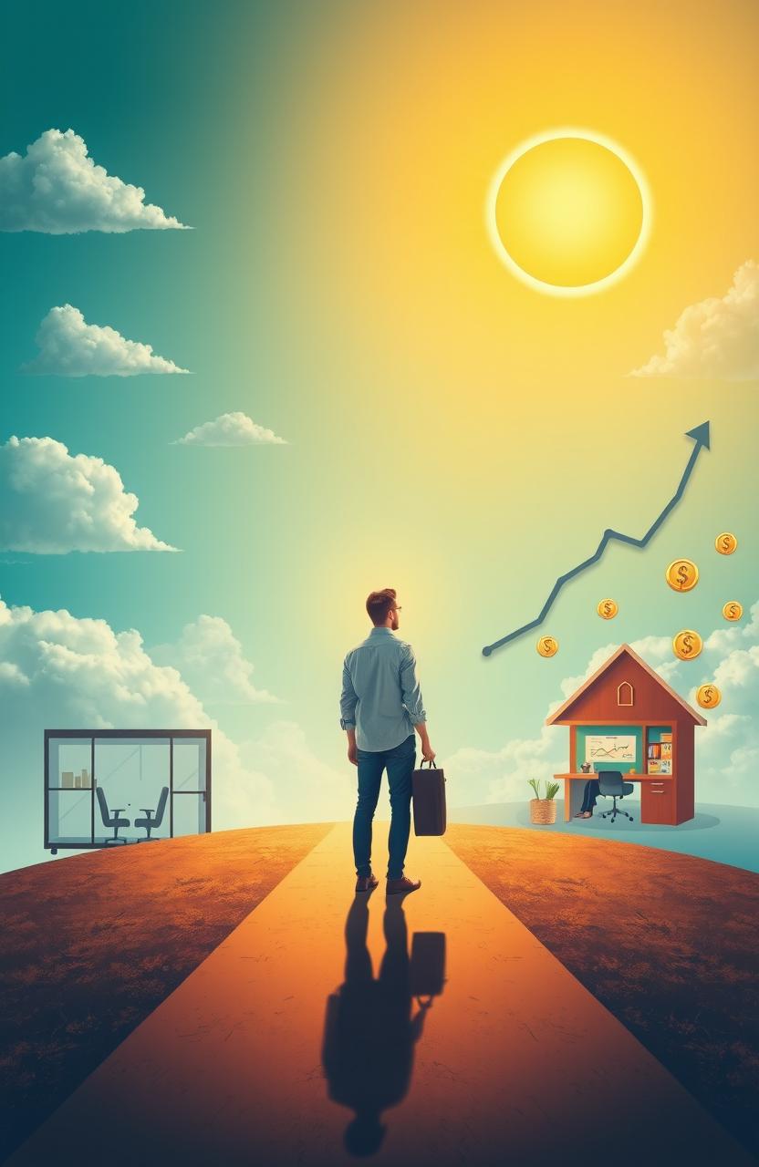 An inspiring image depicting the journey from CLT (Consolidação das Leis do Trabalho) employment to becoming a self-employed professional, emphasizing financial independence by 2025