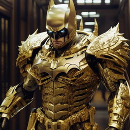 A lavish, gold-plated Batman in a detailed, imposing mecha suit.