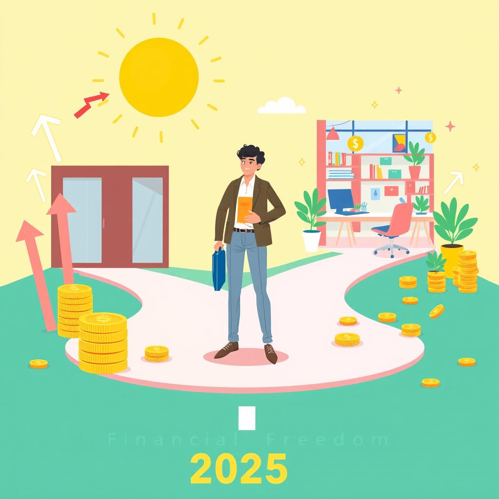 A motivational illustration showcasing the transition from CLT (Consolidação das Leis do Trabalho) employment to being an independent freelancer, aiming for financial freedom in 2025