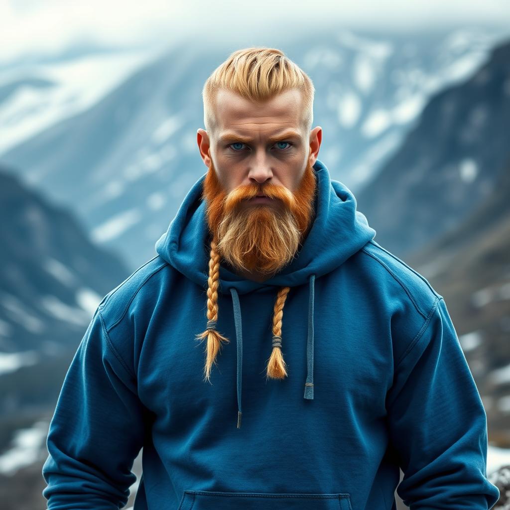 A strong blond Viking wearing a blue hoodie, with a majestic braided beard and piercing blue eyes