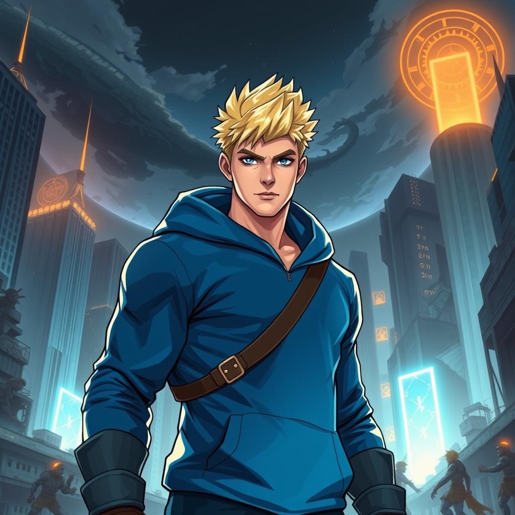 A powerful blond man in a blue hoodie, inspired by the aesthetic of 'solo leveling'