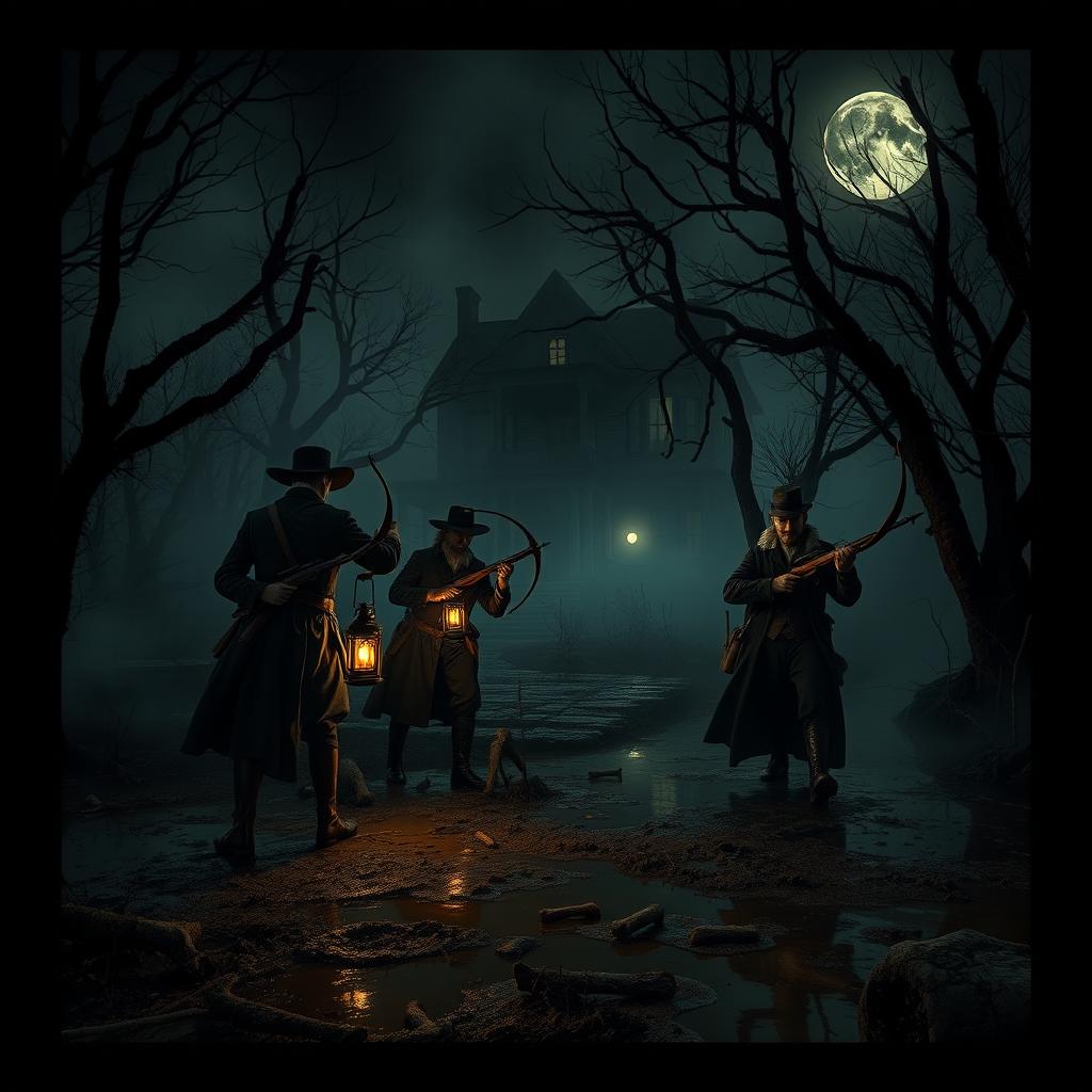 A dark, atmospheric setting in a swamp during nightfall, featuring hunters in vintage 19th-century attire, armed with gothic weapons such as crossbows and lanterns