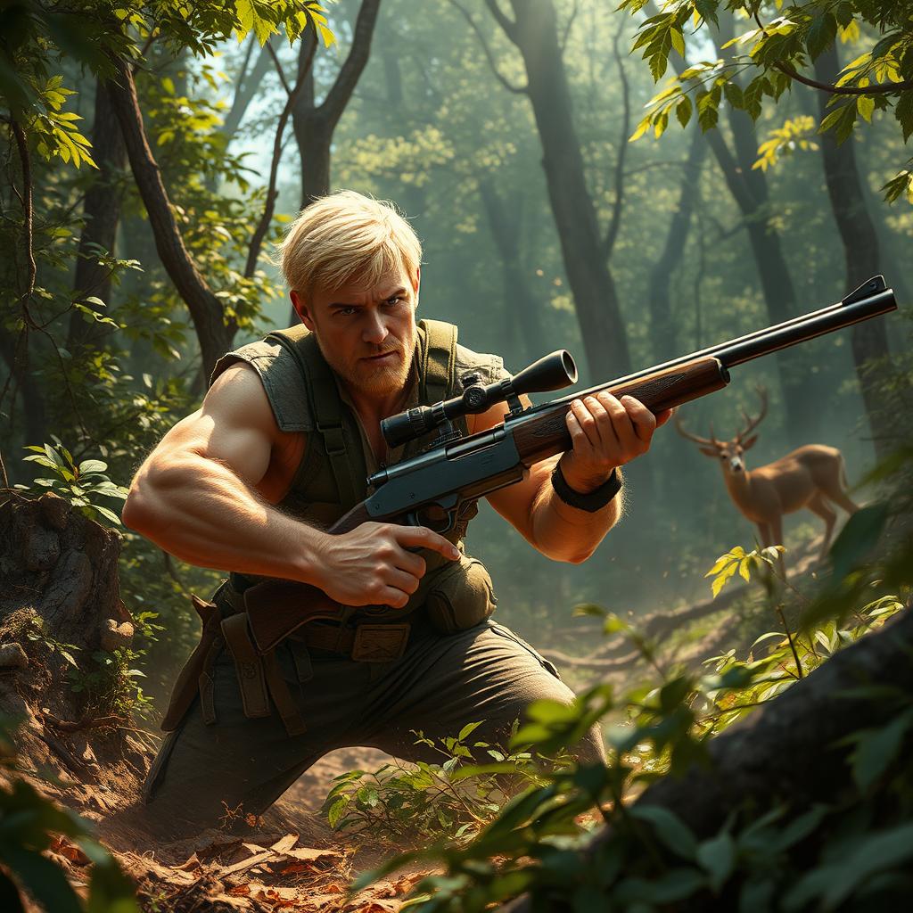 A dynamic and intense scene depicting a muscular blond man in a fierce showdown during a hunting expedition