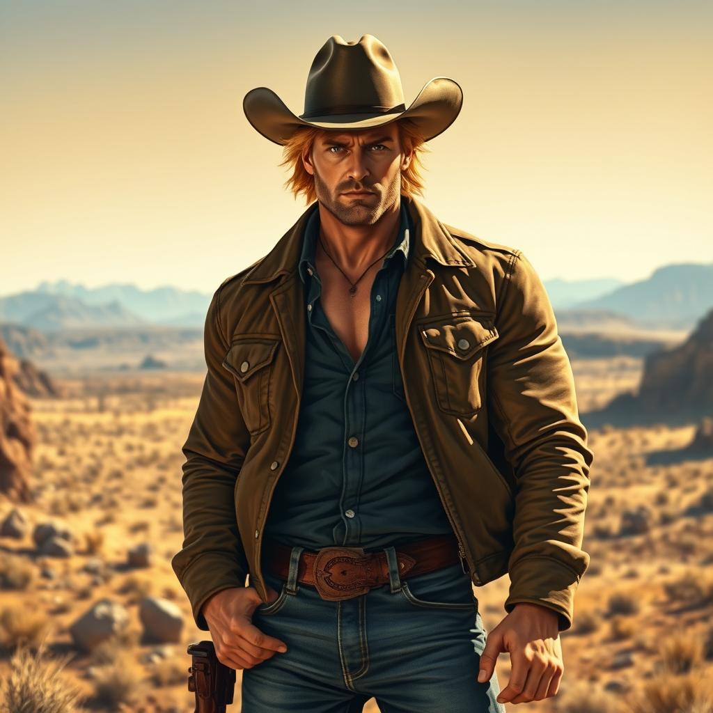A stylized depiction of a muscular blond man in a rugged, western environment, inspired by the theme of a hunt showdown