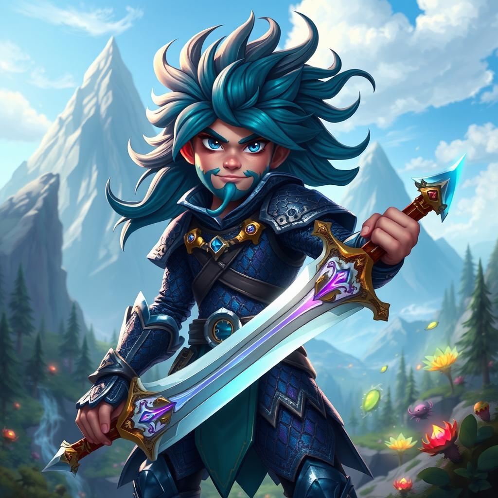 An imaginative and vibrant scene featuring a fictional character named Torffin, depicted as a heroic warrior with an adventurous spirit