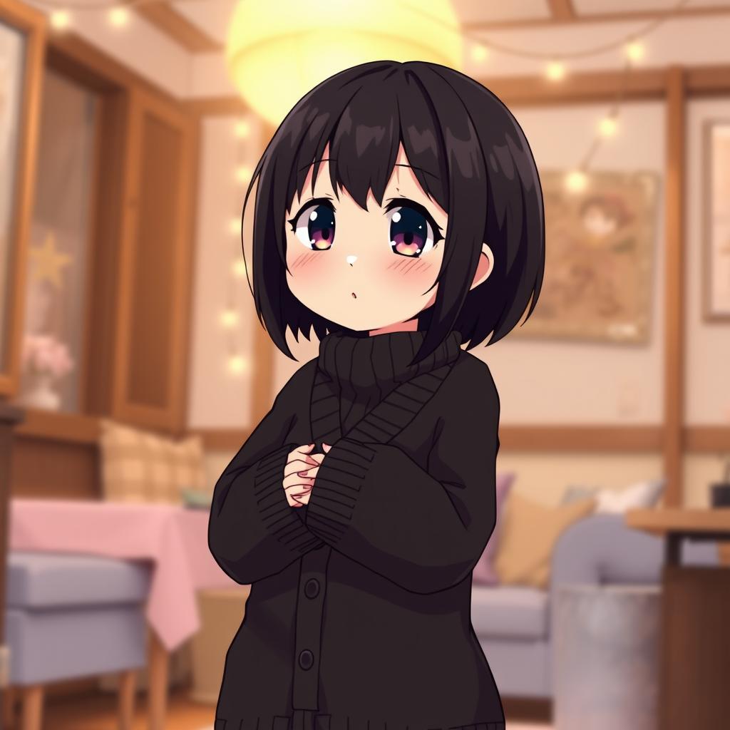 A short chubby shy anime girl with black hair, wearing a long black cardigan sweater that drapes elegantly around her figure