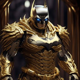 A lavish, gold-plated Batman in a detailed, imposing mecha suit.