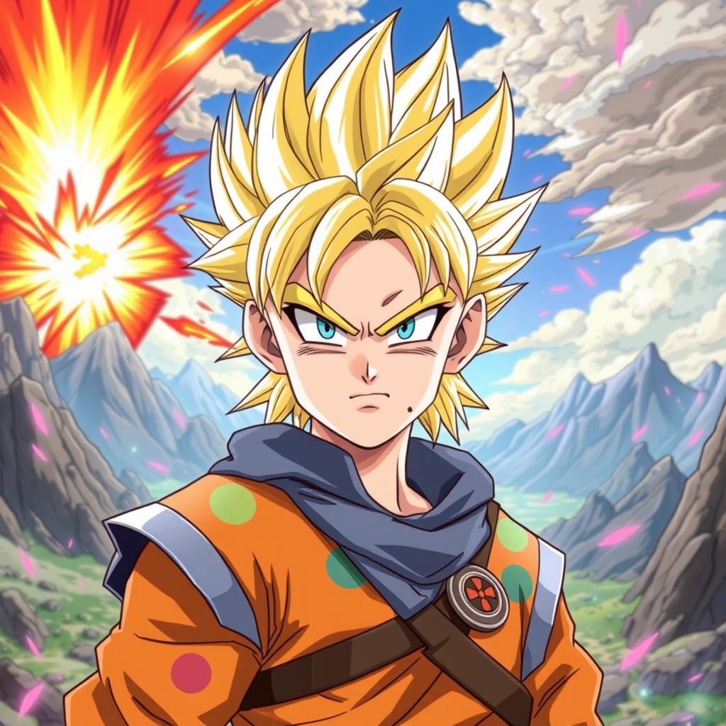 An imaginative illustration of Torfinn from 'Vinland Saga' reimagined in the vibrant art style of 'Dragon Ball Z
