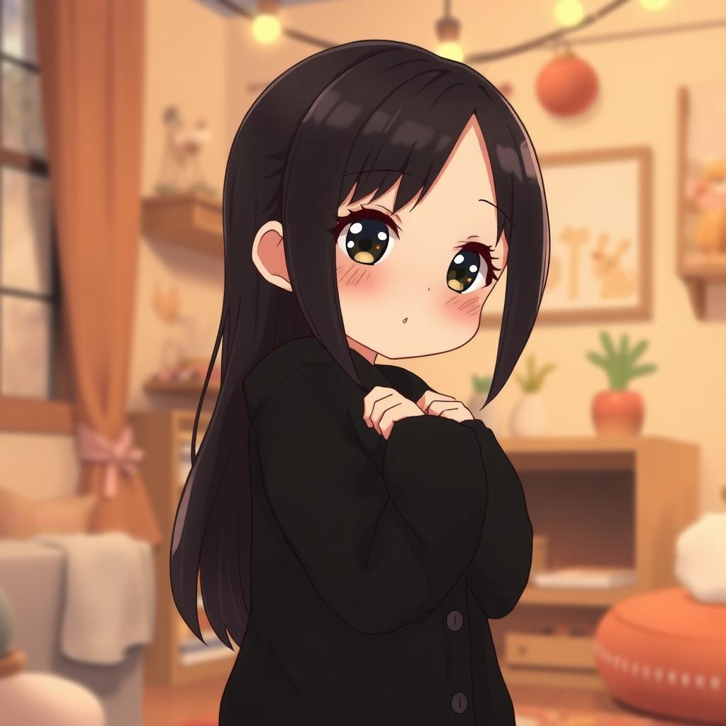 A short chubby shy anime girl with sleek black hair, styled simply, and wearing a long, flowing black cardigan sweater that adds elegance to her appearance