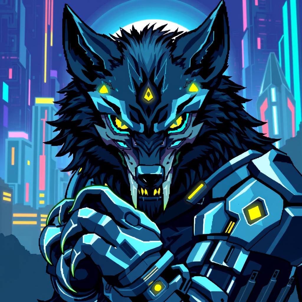 A pixel art representation of a werewolf in futuristic armor