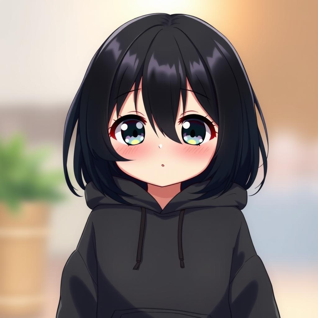 A short, chubby, shy anime girl with black hair, wearing a long, silky black hoodie