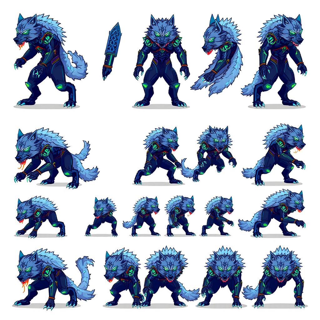 A detailed pixel art sprite sheet of a werewolf in futuristic armor, showcasing a total of 16 distinct movement animations