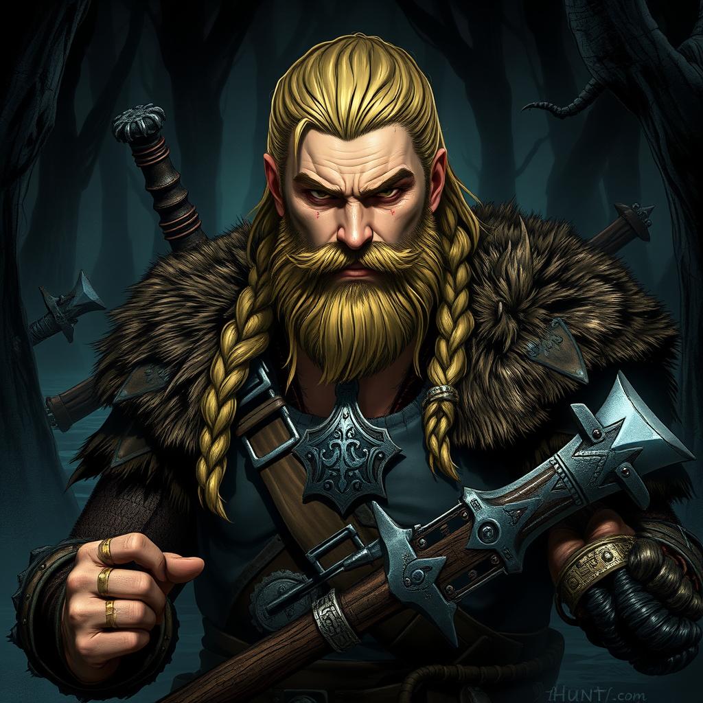 An intense character illustration of a blonde Viking warrior as seen in 'Hunt: Showdown