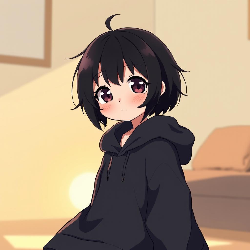 A short, chubby, shy anime girl with black hair, wearing a long, silky black hoodie